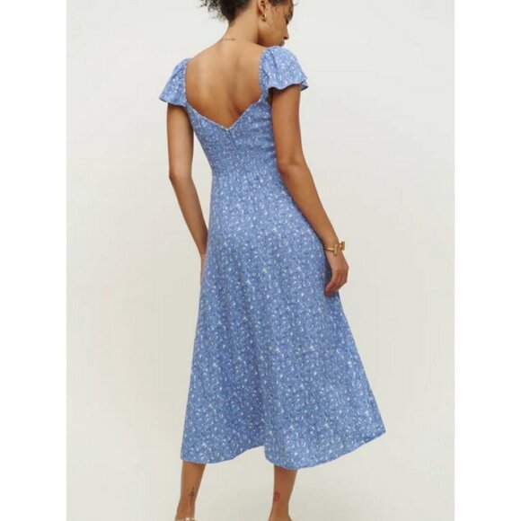 💕REFORMATION💕 Baxley Dress ~ Sweetheart Neckline Eve Blue Floral Print 10 NWT - Picture 4 of 16
